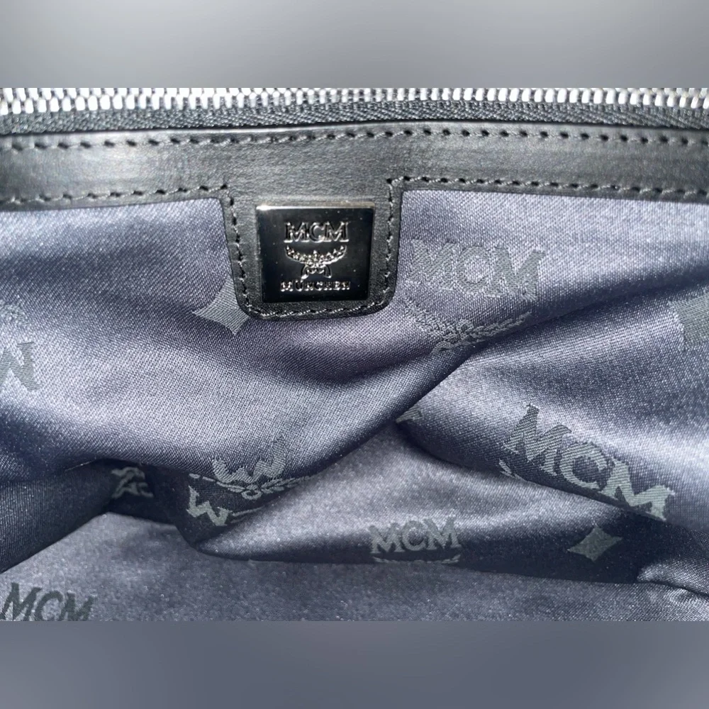 MCM SIGNATURE LEATHER DOMED TOP HANDLE SATCHEL HANDBAG PURSE DENIM BLUE BLACK